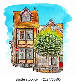 Wernigerode germany watercolor hand drawn illustration isolated on white background