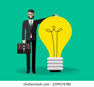 Wery big idea, businessman strategy concept. Concept of creative idea or inspiration. Big glass bulb with spiral in flat style. Vector illustration.  