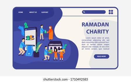Página de inicio del sitio web con el tema del Ramadán compartiendo con otros. invita a todos los humanos a compartir con otros en el mes de Ramadán