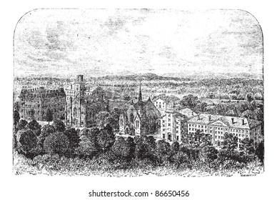 Wesleyan University in Middletown, United States, during the 1890s, vintage engraving. Old engraved illustration of Wesleyan University. Trousset encyclopedia (1886 - 1891).