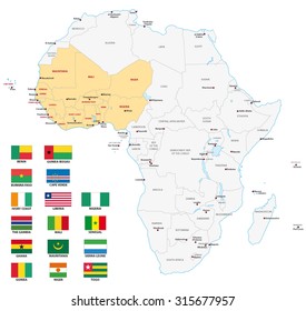 west africa map with flags