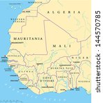 West Africa Map. Hand drawn map with capitals, national borders, rivers and lakes. With english labeling and scale.