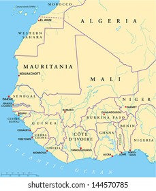 West Africa Map. Hand drawn map with capitals, national borders, rivers and lakes. With english labeling and scale.