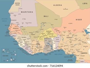 West Africa Map - Vintage Detailed Vector Illustration
