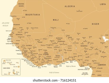 West Africa Map - Vintage Detailed Vector Illustration