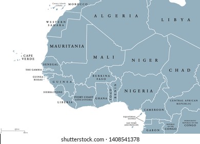 West Africa region, political map. Area with borders. The westernmost countries on the African continent, also called Western Africa. Gray illustration on white background. Vector.
