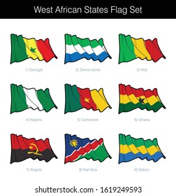 West African States Waving Flag Set. The set includes the flags of Senegal, Sierra Leone, Mali, Nigeria, Cameroon, Ghana, Angola, Namibia and Gabon. Vector Icons all elements neatly on Layers n Groups