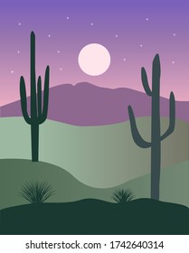  West america scene with cactus in desert. Desert under the night sky vector background.