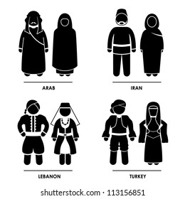 West Asia - Arab Iran Lebanon Turkey Man Woman People National Traditional Costume Dress Clothing Icon Symbol Sign Pictogram