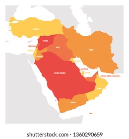 West Asia Region. Map of countries in western Asia or Middle East. Vector illustration.