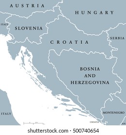 West Balkan countries political map with national borders. Western Balkans, formed by Slovenia, Croatia and Bosnia And Herzegovina. English labeling and scaling. Gray illustration on white background.