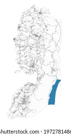 West Bank and Gaza map. Detailed map of administrative area, land panorama. Royalty free vector illustration. Outline map with highways, streets, rivers. Tourist decorative street map.