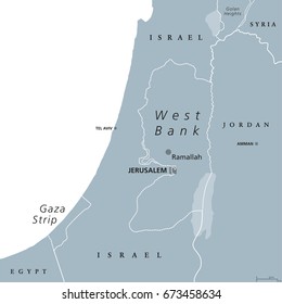 West Bank and Gaza Strip political map with capital Ramallah. State of Palestine with designated capital East Jerusalem. Gray illustration isolated on white background with English labeling. Vector.