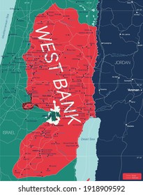 West Bank region country detailed editable map with countries capitals and cities. Vector EPS-10 file