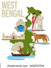 west bengal culture collage with map vector illustration