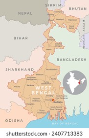 West Bengal district locator map with neighbour state and country