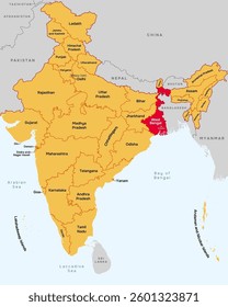 West Bengal state map, India. Editable Vector map silhouette illustration isolated at India, highlighted at West Bengal state, with state name, border, and Kolkata capital city.