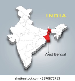 West Bengal state map location in Indian 3d isometric map. West Bengal map vector illustration