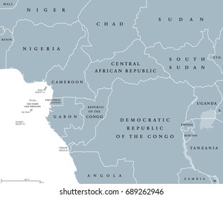 West Central Africa countries political map with borders. English labeling. Parts of Western and Central Africa. From Nigeria to the Democratic Republic of the Congo. Gray illustration. Vector.