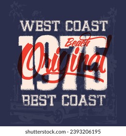 West Coast 1975 beach original text print palm tree background, beach college text print, Retro college varsity font typography, Varsity USA, West Coast slogan print for fashion tee and tshirt