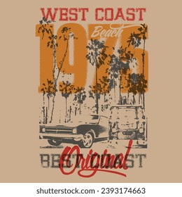 West Coast beach slogan print for retro vintage 1975 look, tropical vintage prints, summer beach vibes, palm tree T-shirt print design 