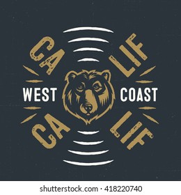 West Coast CALIF. Vintage t shirt apparel fashion print graphics. Retro hand lettered poster. typographic wall art badge design, California inspired ink drawing vector illustration.