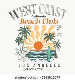 West Coast California beach club loss angels golden state text typography with summer beach vintage prints, Summer wave surf illustration with palm trees for t shirt, sweatshirt and other uses