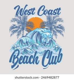 West Coast California beach club loss angels tipografía de texto dorado con estampados vintage de playa de verano, ilustración de surf de ola de verano con palmeras para camiseta, sudadera y otros usos