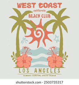 West Coast California beach club loss angels golden state text typography with summer beach vintage prints, Summer wave surf illustration with palm trees for t shirt, sweatshirt and other uses