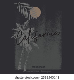 West Coast California beach design theme, silhouette palm trees and sunset sky background. Design used for print, clothing t shirt tee, poster, banner, wallpaper,