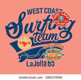 West coast California kids surfing team, vector  print for children wear with applique embroidery elements grunge effect in separate layer