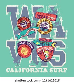 West Coast California surf riders company - vector artwork for children wear with patches applique