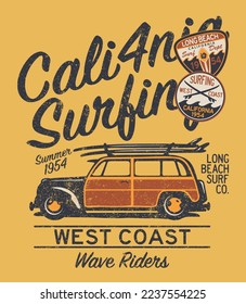 West coast California surfing wave rider vector print for boy shirt summer wear with applique embroidery patches grunge effect in separate layer