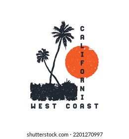 West Coast California Text Design. Hand Drawn Palm Tree And Sunset With Grunge Textured Color. Design Use For Clothing, Print, Poster, Banner, T Shirt, Logo, Label And Other.