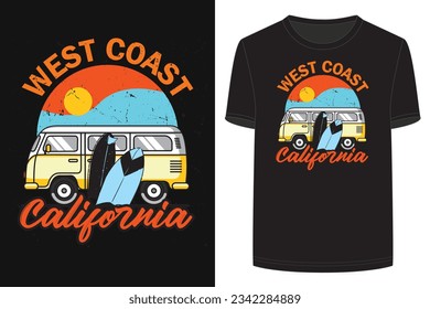 West Coast California typography Vintage tee shirt design ready for printing. T-shirt graphics, Surfing board, van, Sun.