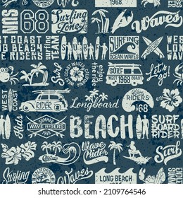 West coast California wave rider surfing elements vector seamless pattern grunge effect in separate layers