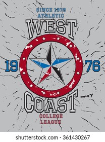 West coast college league t-shirt graphic. Design of the vector typographic of t-shirts and for other uses. Vector illustration.