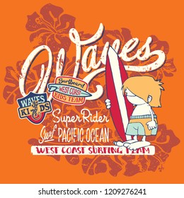 West coast cute kid surfing team  funny surfer vector print for summer children wear with badges applique