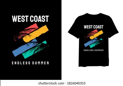 West coast endless summer with tropical palm silhouettes, stylish t-shirts and trendy clothing designs with lettering, and printable, vector illustration designs.