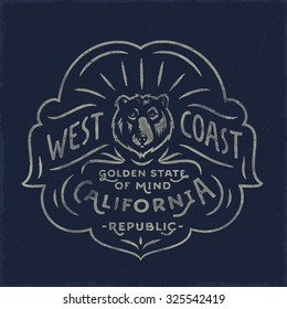 West Coast Golden State of Mind California republic  Vintage t shirt apparel print graphics. Retro hand lettered poster. typographic wall art ornate badge design, ink drawing vector illustration.