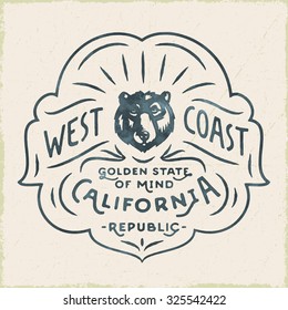 West Coast Golden State of Mind California republic  Vintage t shirt apparel print graphics. Retro hand lettered poster. typographic wall art ornate badge design, ink drawing vector illustration.
