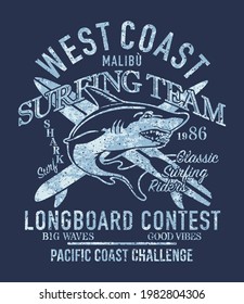 West Coast longboard surfing shark team vector print for boy t shirt grunge effect in separate layers