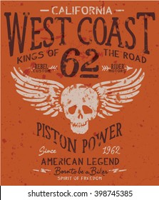 West coast motorcycle, vector artwork for boy shirt grunge effect in separate layers