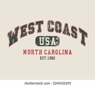 Costa oeste norte Carolina slogan print state Vintage retro varty   con emblema de la universidad para camiseta gráfica o sudadera