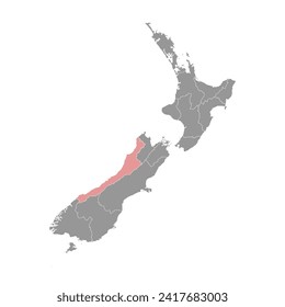 West Coast Region Karte, Verwaltungsabteilung von Neuseeland. Vektorgrafik.