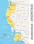 West Coast region of the United States, with Alaska and Hawaii, political map. Also known as Pacific Coast, Pacific Seaboard and Western Seaboard. Alaska, California, Hawaii, Oregon, and Washington.