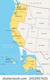 West Coast region of the United States, with Alaska and Hawaii, political map. Also known as Pacific Coast, Pacific Seaboard and Western Seaboard. Alaska, California, Hawaii, Oregon, and Washington.