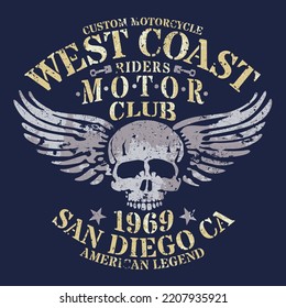 West coast rider motor club american legend vector artwork for boy kid man t shirt grunge effect in separate layers