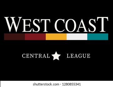 West Coast slogan typography graphics for t-shirt print. College print for apparel. Varsity vector illustration.