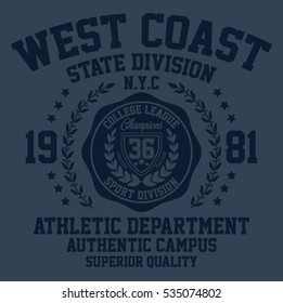 West coast state division sport, college league typography, t-shirt graphics, vectors